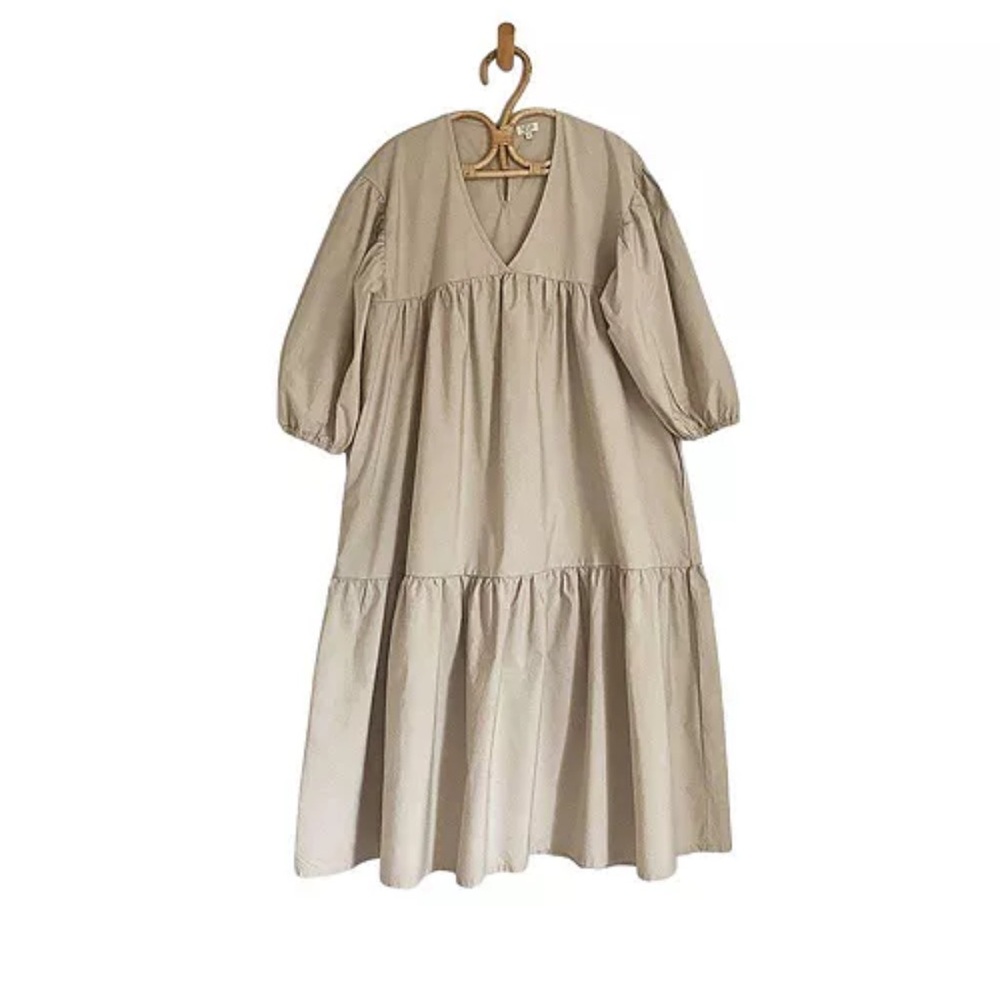 Neutral Beige Long Sleeve Tiered Dress - Unbranded